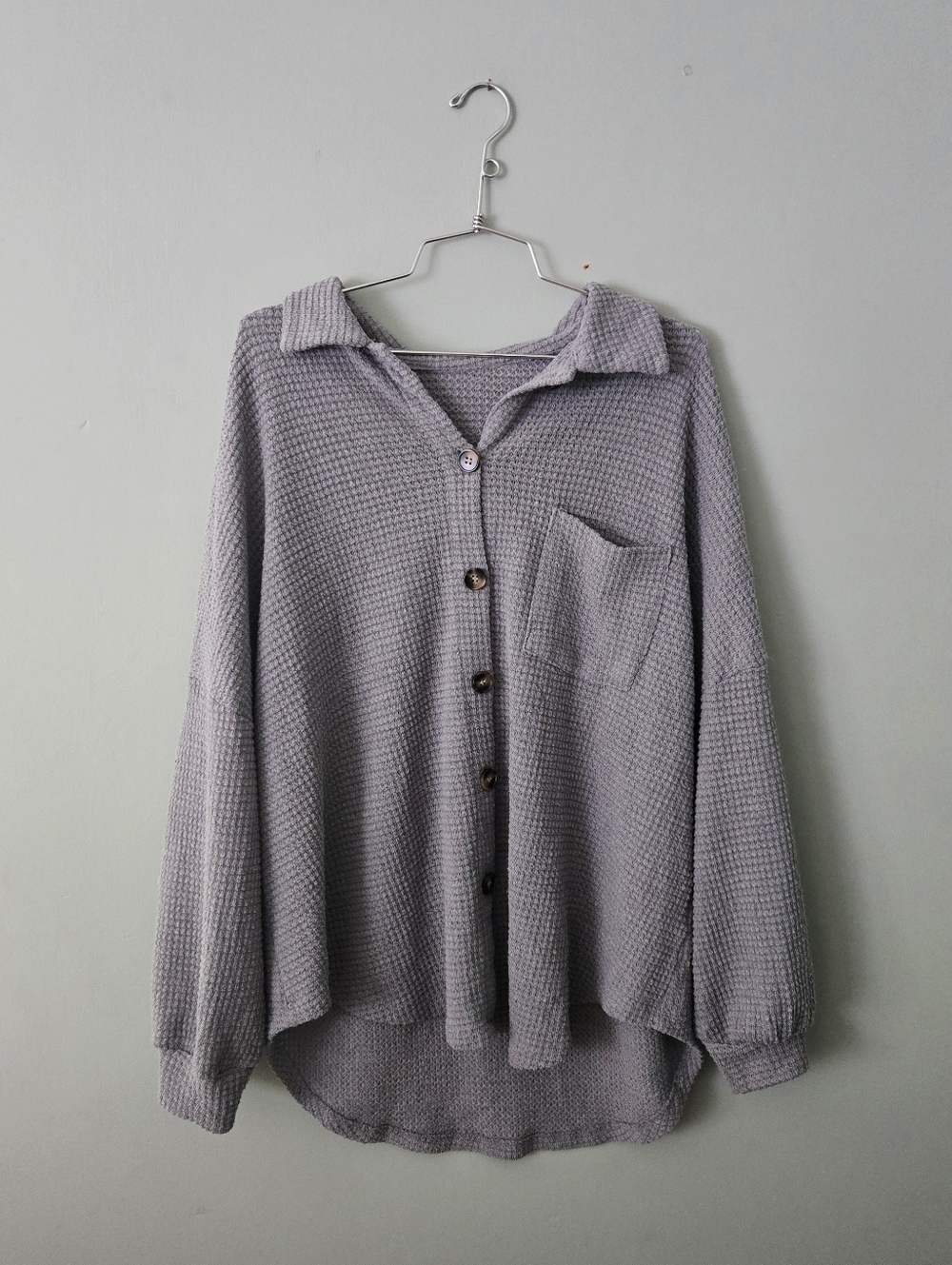 Oversized Waffle Knit Button-Up Grey Thermal Knit Top, size M-L